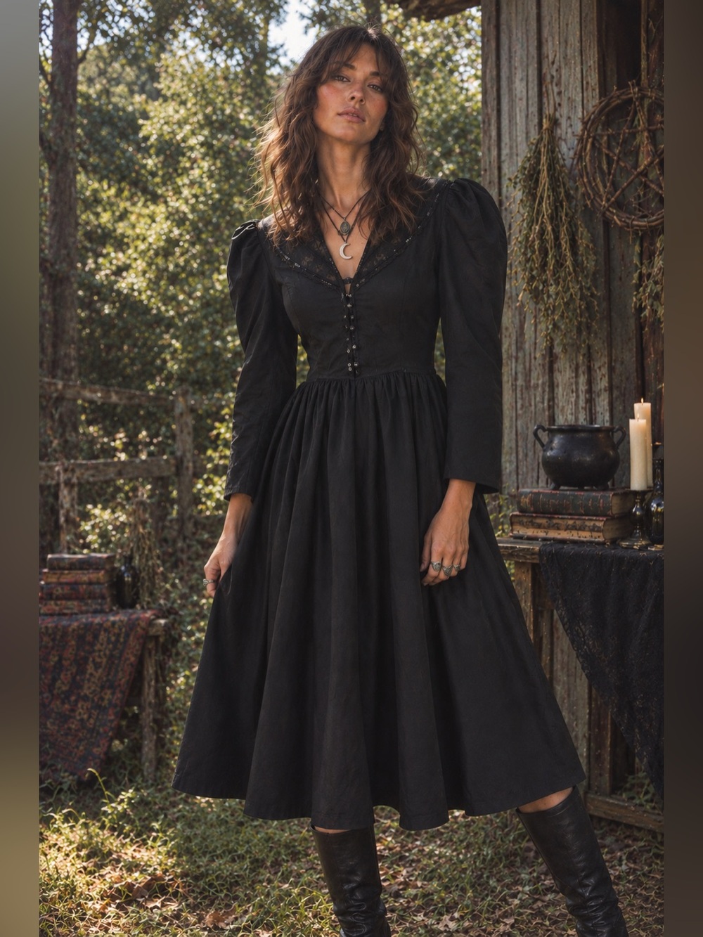 Gunne Sax Black Puff-Sleeve Midi Dress with Button Front